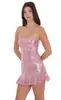 Vestido Corto de Tirantes Finos con Lentejuelas, Dulce y Picante, Escote Cuadrado, Dobladillo Fruncido, Ajustado, Mini Vestido de Fiesta para Mujer