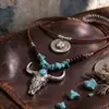 Colar Estilo Étnico Cowboy Ocidental Pingente de Cabeça de Touro Turquesa Colar Trançado Corrente de Clavícula Dupla Camada Empilhada