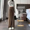 Calça de Veludo Cotelê Moda Marrom Feminina Outono Inverno 2026 Nova Com Pelúcia Cintura Alta Tricô Casual Perna Larga