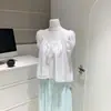 Blusa corta de nube con manga abullonada, holgada, hombros descubiertos, cuello de amarre, bordada, manga corta, estilo tejido corto de mohair blanco