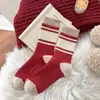 Calcetines de Cachemir para Mujer, Calcetines Versátiles de Rayas a Media Pantorrilla, Engrosados para Otoño e Invierno, Calcetines sin Costuras, Calcetines Flojos de Micro-Presión, Calcetines Rojos para Mujer