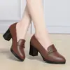 Novos Sapatos Femininos 2026 Outono Mocassins de Couro Macio Solado Macio Confortáveis Antiderrapantes para Mães de Meia-Idade Sapatos Pequenos de Couro com Salto Médio