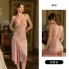 Precioso Atractivo Camisón Sedoso de Encaje sin Espalda con Acolchado en el Pecho, Abertura Larga y Conjunto de Ropa de Casa tipo Camisola 3410
