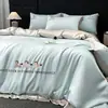 Juego de Ropa de Cama de Seda Helada de Cuatro Piezas para Verano con Bordado de Dibujos Animados, Funda de Edredón, Juego de Sábanas de Tres Piezas, Ropa de Cama de Lujo Sedosa para Dormir Desnudo