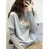 Camiseta de Manga Larga para Mujer Estilo Retro Americano Falso Dos Piezas Bloque de Color Algodón Puro Otoño Versátil Reductora de Edad Elegante Chic Moda Top
