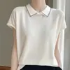 Nueva Camiseta de Lino Hielo con Cuello Polo de Manga Corta para Mujer Color Puro Tejida Holgada Elegante Top Cuello Muñeca Diamante Caliente Transpirable