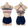 Biquíni de Tricô Colorido Doce Picante Feminino com Blocos de Cor, Modelo Halter, Conjunto de Duas Peças, Cintura Alta, Amarrado, para Férias na Praia, Fonte Termal
