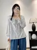 Vestido de Primavera 2025 Camisa de Manga Larga Rayada Líder para Mujer Retro Simple Versátil Suéter Holgado Camisa Casual