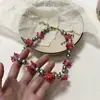 Brincos de flor de cristal rosa com pérolas artificiais bordadas, corrente para clavícula, colar de temperamento vintage