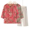 Conjunto suelto y cómodo para mujeres de mediana edad y mayores, conjunto de dos piezas simple y versátil para abuelas, camisa estampada de botones para madres