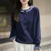 Cardigan de Punto para Mujer con Cuello Redondo, Encaje y Lana Peinada, Manga Larga, Cuadros en Contraste, Chaqueta Superior, Nuevo Otoño 2025
