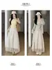 Saia Midi Patchwork de Renda Estilo Francês Feminina Primavera Verão Nova Cintura Elástica Emagrecedora Vestido Princesa Bordado Vazado Saia Longa