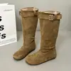 Botas femininas da moda de sola reta acima do joelho com aumento de altura oculto, botas longas plissadas empilhadas, botas de moda de cano alto com fivela de cinto