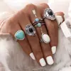 Conjunto de 5 Peças de Anéis de Joias Estilo Étnico Retrô Boêmio Europeu e Americano Incrustados com Pedras Preciosas Brancas e Pretas e Turquesa