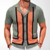 Camisa de Tricô Listrada Color Block Vazada de Verão Masculina com Gola Cubana, Cardigã Polo de Manga Curta, Moda Masculina Transfronteiriça Sy0128