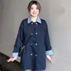 Casaco trench coat duplo com bolsos para mulheres, estilo casual transfronteiriço, patchwork com blocos de cor, comprimento médio, tendência, atacado