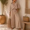 2026 Moda Feminina Europeia e Americana Amazon Verão Camisa Feminina de Manga Longa Listrada Calça Solta Conjunto de Duas Peças Algodão Linho Casual