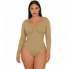 Mono de manga larga ajustado con cuello en V sin costuras para moldear el cuerpo, de gran elasticidad en la cintura y el abdomen, para mujer, con botones ocultos y estilo en T, súper vendido transfronterizo