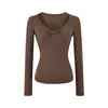 Camiseta de Manga Larga Hueca con Cuello Retorcido Ajustada para Mujer, Nueva Sexy Estilo Puro Deseo, Camiseta Básica Adelgazante, Moderna