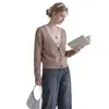 Nuevo suéter de punto patchwork con cuello en V, top de manga larga ajustado para mujer otoño/invierno