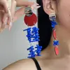 Pendientes de Borla de Disco de Cuero Rojo y Azul Contrastantes con Personalidad Exagerada Moda Europea y Americana Pendientes Asimétricos de Gama Alta para Mujer