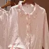 Novidades para o outono! Pijama floral com babados, suave e doce, para mulheres, conjunto de roupa de casa confortável e de corte solto para a primavera
