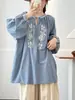 Roupas de Outono 2025 Estilo Étnico Bordado Decote V Cadarço Solto Pulôver Feminino Comprimento Médio Camisa Manga Longa