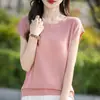 Suéter de Tricô com Gola Redonda, Mangas Curtas, Cor Sólida, Estilo Verão 2025, Novo Estilo, Tencel Linho, Ombros Cobertos, Camisa Base Pulôver para Mulheres