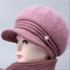 Chapéus de outono e inverno para mulheres de meia-idade e idosas, chapéus de tricô grossos e quentes de pelo de coelho com forro de veludo para senhoras idosas, avós, proteção contra o frio, proteção para as orelhas, chapéus de tricô