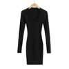 Primavera Nova Europeia e Americana Moda Feminina Cor Sólida Grande U-Neck Malha Manga Longa Saia Slim Vestido S12679