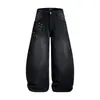 Design com tachas e rebites, jeans masculinos vintage punk lavados desgastados de corte solto com perna larga