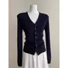 Elegante cárdigan de punto negro con cuello en V adelgazante estilo francés para mujer, chic de principios de otoño, top básico ajustado de manga larga