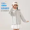 Ropa de Protección Solar con Capucha de Nylon Color Sólido para Niñas, Sensación de Hielo, Protección UV de Verano UPF100+, Chaqueta de Hilo Original de Manga Larga
