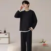 Pijama Masculino de Algodão Puro com Gola Redonda Primavera Outono Inverno Novo Alta Qualidade Manga Longa Calça Longa Tamanho Plus Casual Roupa de Casa Conjunto para Usar por Cima