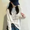 Camiseta de Manga Larga de Algodón Puro con Estampado de Letras Estilo Coreano para Mujer 2026 Primavera Otoño Negra Cuello Redondo Holgada Versátil Adelgazante Top ins