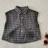 [Soy una marca para niños] Camisa sin mangas a cuadros estilo coreano para niños y niñas, top retro transpirable de verano con cuello y pantalones cortos