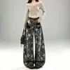 Jeans Feminino Estilo Hong Kong Retrô Outono Novo Estampa de Estrela Solto Caimento Fluido Emagrecimento Cintura Alta Comprimento Total Perna Larga