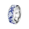 Anel retrô chinês de aço inoxidável floral azul e branco, anel largo liso com peônia azul e branca, joias atmosféricas estilo chinês