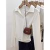 Camiseta de Algodón Puro con Cintura Plisada para Mujer Primavera y Otoño Cuello Polo Hombro Derecho Manga Larga 2024 Nueva Camiseta Básica con Top