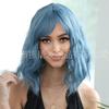 Wanyong seda lluvia peluca azul niebla 12 pulgadas flequillo cabello corto rizado esponjoso natural diario peluca para dama cubierta de cabeza