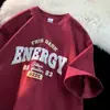 Camiseta delgada vintage estilo americano color borgoña para hombre, de manga corta, talla grande, marca de tendencia de verano, corte holgado, top de media manga
