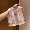 2026 Nueva Ropa Infantil Chaleco Rosa con Adorno de Encaje para Niñas Conjunto de Primavera Chaqueta sin Mangas Floral Dulce para Niños