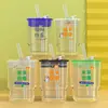 Suministro de Fabricantes Venta al por Mayor Vaso de Vidrio con Paja Patrón Divertido Vaso de Agua Cuadrado Rico Dibujos Animados Vaso para Beber