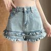 Shorts Jeans Branco para Mulheres com Renda, Estilo Girly de Desenho Animado, Pernas Longas, Verão 2025 Finos de Cintura Alta Reta Linha A Hot Pants