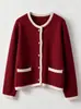 Cardigan Jacket de Punto de Color Contrastante Pequeño y Fragante Estilo Coreano para Mujer Otoño e Invierno Nuevo Top de Punto Exterior de Gama Alta Rojo