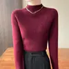 Suéter de punto de cuello medio alto para mujer para otoño e invierno, de manga larga, cuello alto, acanalado, corte ajustado, suéter versátil como capa base