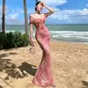 Vestido justo bodycon com ombro a ombro franzido em degradê e detalhes em tule, mesmo estilo de Yingying Azul, Sheer Luck Ariel