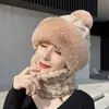 Gorro para Mujer en Otoño e Invierno, Gorro de Punto con Protección para las Orejas, Gorro Integrado con Mascarilla, Gorro con Pompón para Protección Facial en Ciclismo, Gorro Cálido de Felpa