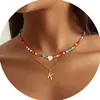 Collar de Cadena de Clavícula en Capas con Colgante de 26 Letras Transfronterizo Nuevo Europeo y Americano, Piedra Natural, Corazón, Combinación de Colores Dopamina, con Cuentas