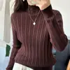 Suéter de punto de manga larga de algodón puro con bordes de volantes, suéter versátil de cuello semi-alto, top básico simple y cálido para mujer
